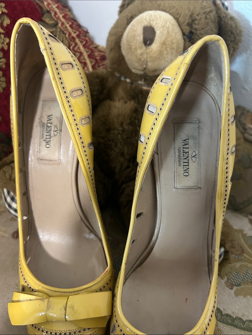 Valentino Yellow Patent Bow Pumps with Perforated Trim